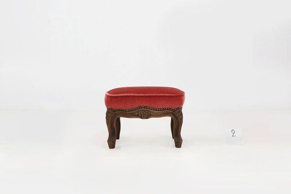 Baroque Ottoman In Carved Wood With Coral Velvet Upholstery, 1950s photo for sale