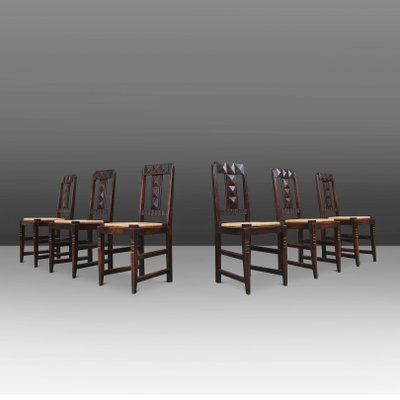 Art Deco Dining Chairs In Oak And Wicker Attributed To Victor Coutray, France, 1940s, Set Of 6