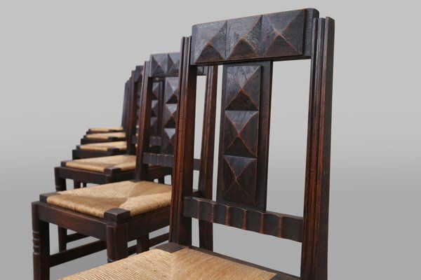 Art Deco Dining Chairs In Oak And Wicker Attributed To Victor Coutray, France, 1940s, Set Of 6 photo 8264.0