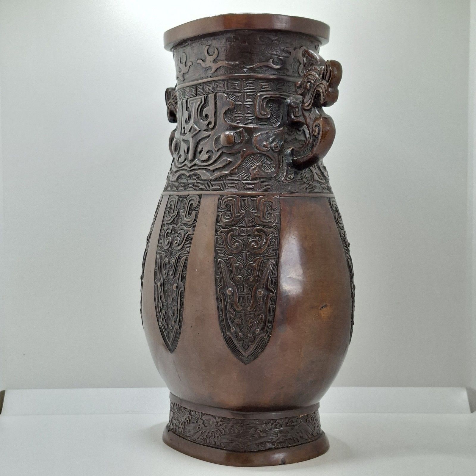 Chinese Bronze Twin Handled Hu Vase Archaistic Qing Large Antique photo for sale