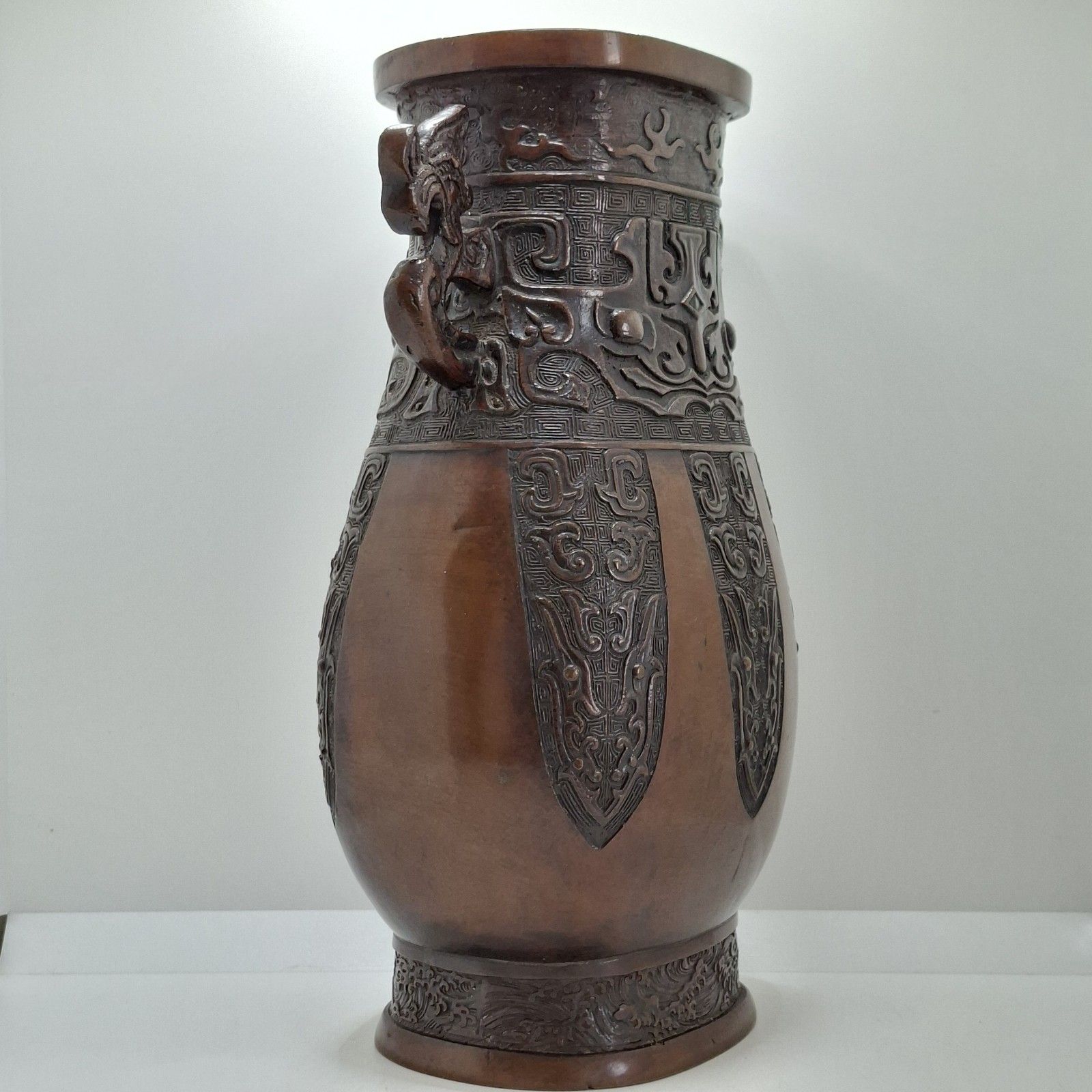 Chinese Bronze Twin Handled Hu Vase Archaistic Qing Large Antique photo 995.0