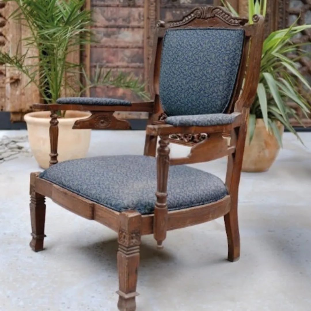 Vintage 1980s Indian Teak Wood Chairs | Hand Carved With Upholstery photo for sale