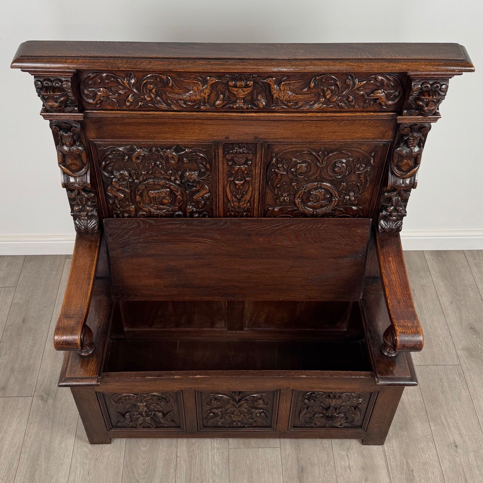Furniture Antique 19th Century Finest Quality Carved Oak Settle photo