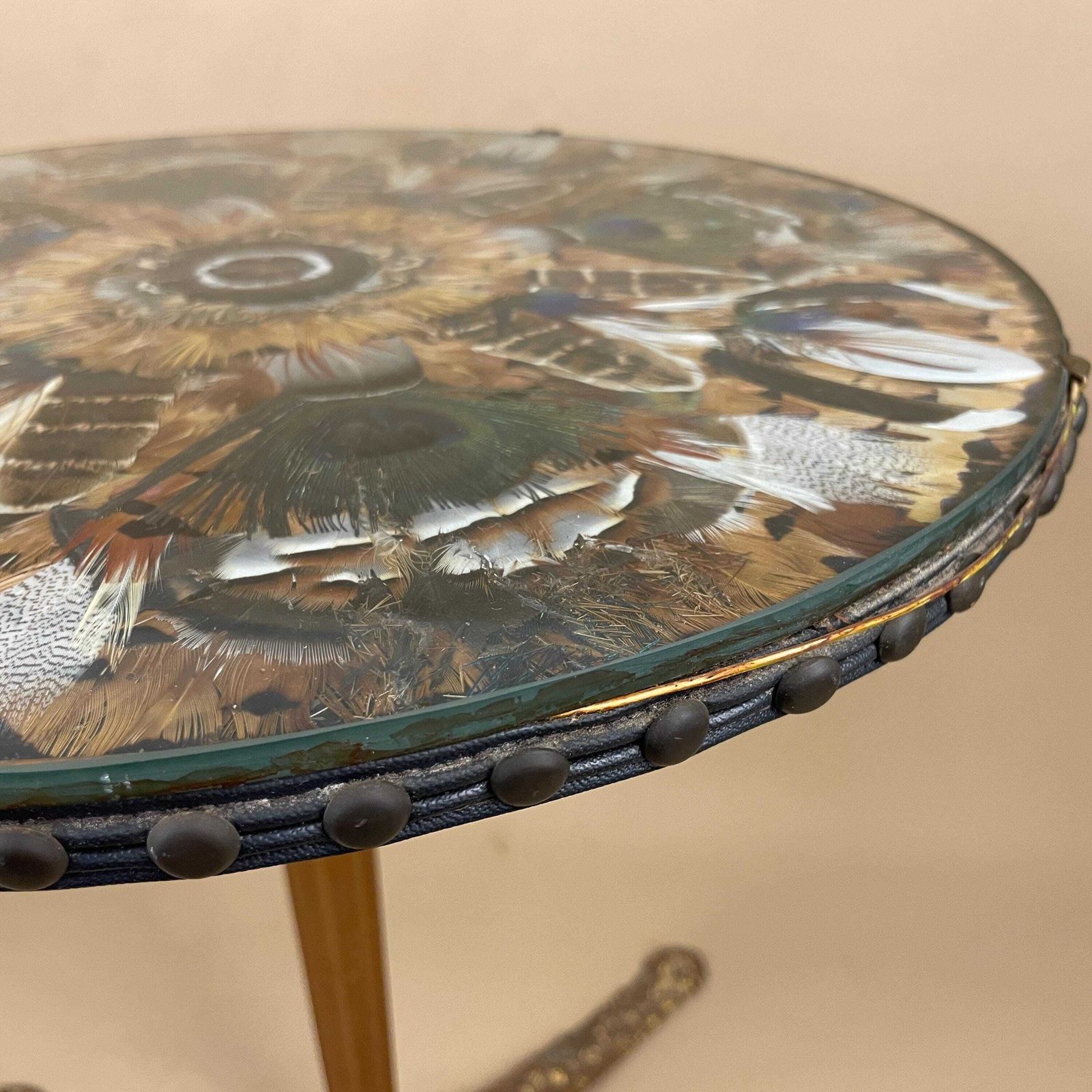 Vintage Round End Table Assorted Feathers Under Glass Top Brass Legs Circle Coffee Plant Stand Unusual Unique Interesting Bird Feathers photo vintage