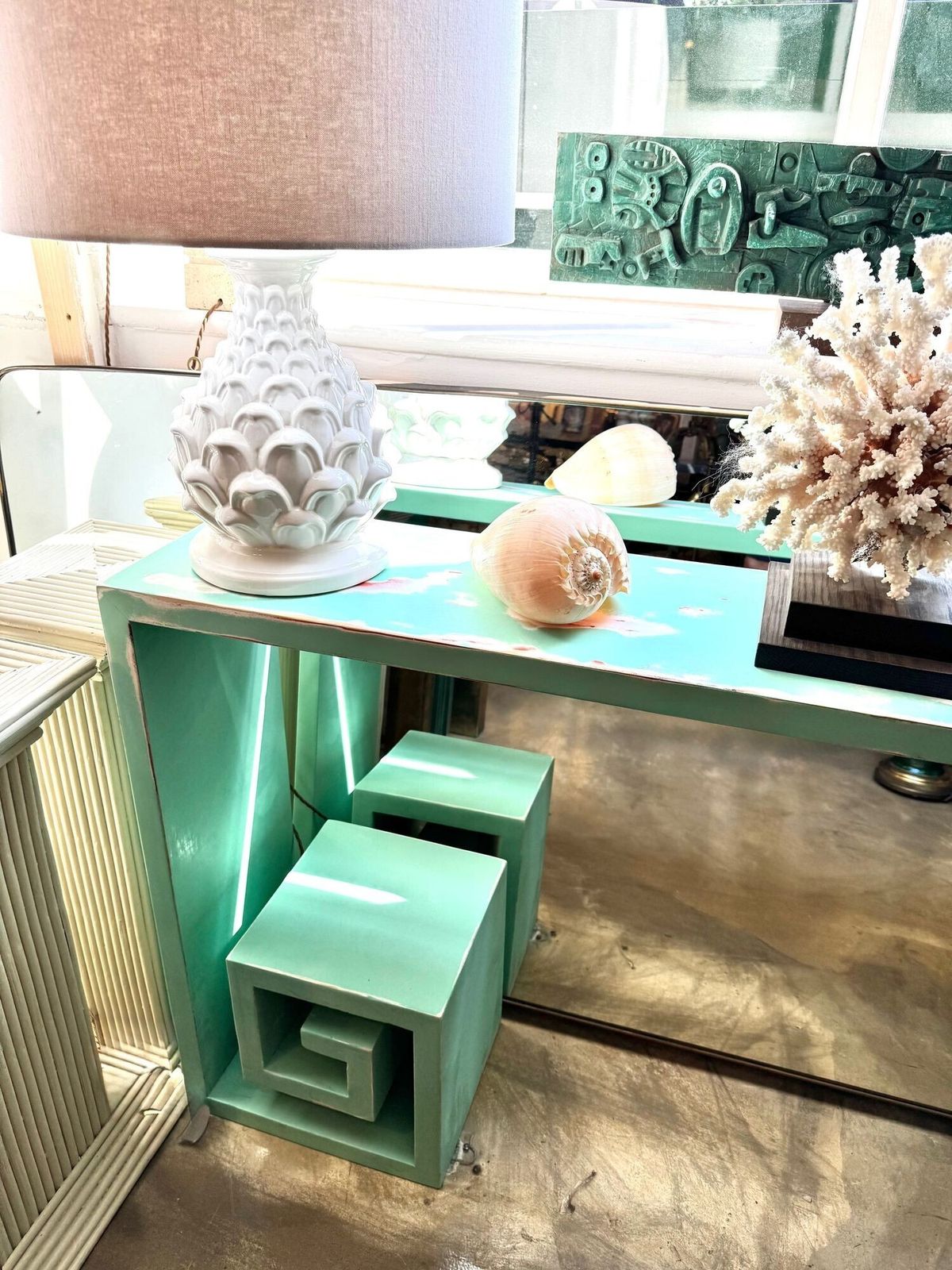 photo buy A 1970s Table With Greek Key Design, In Distressed Beach Finish