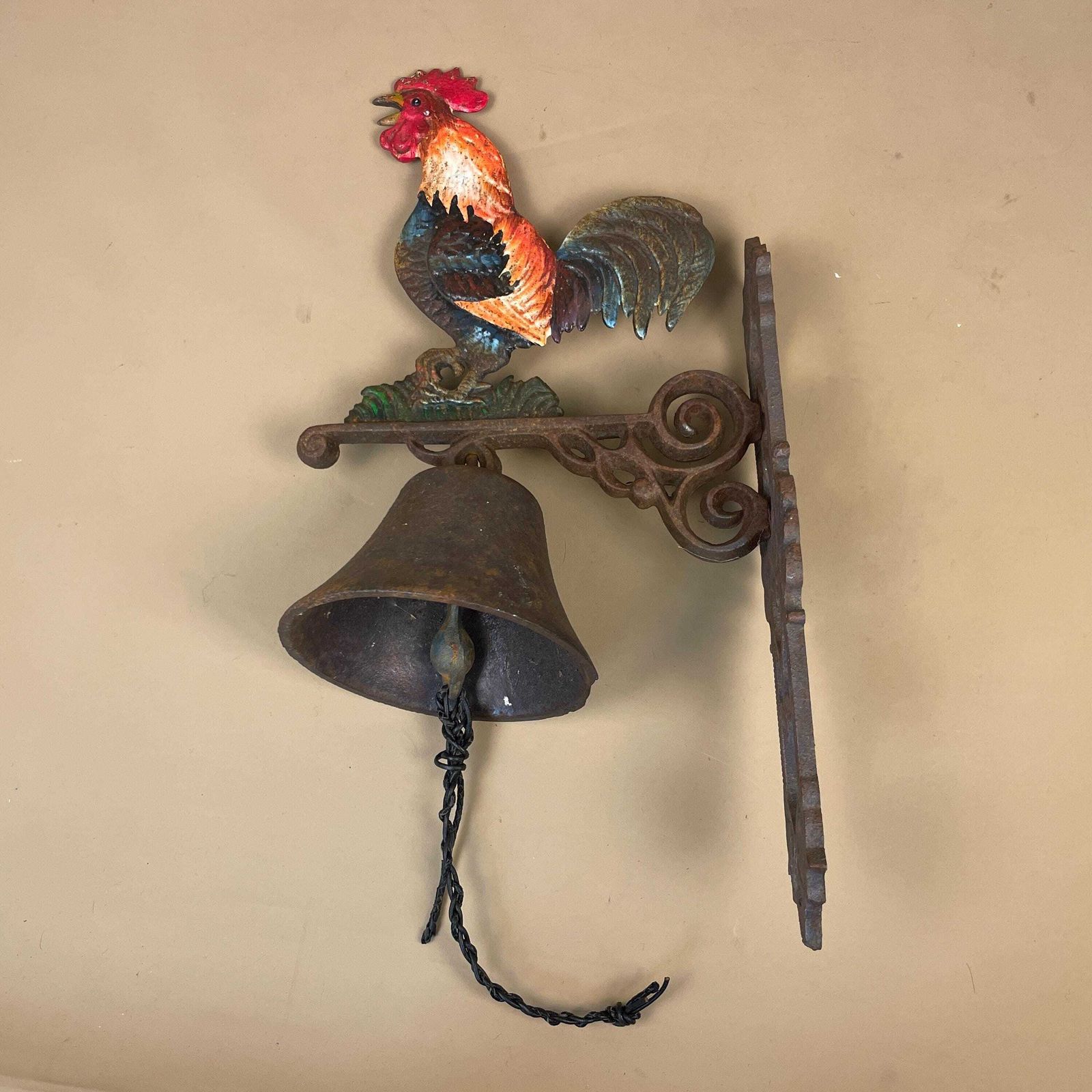 Antique Wall Mounted Metal Rooster Bell Ringer Vintage Bracket Door Cast Iron Wrought Hanging Cockerel Cottage Outdoor Aged Leather photo furniture