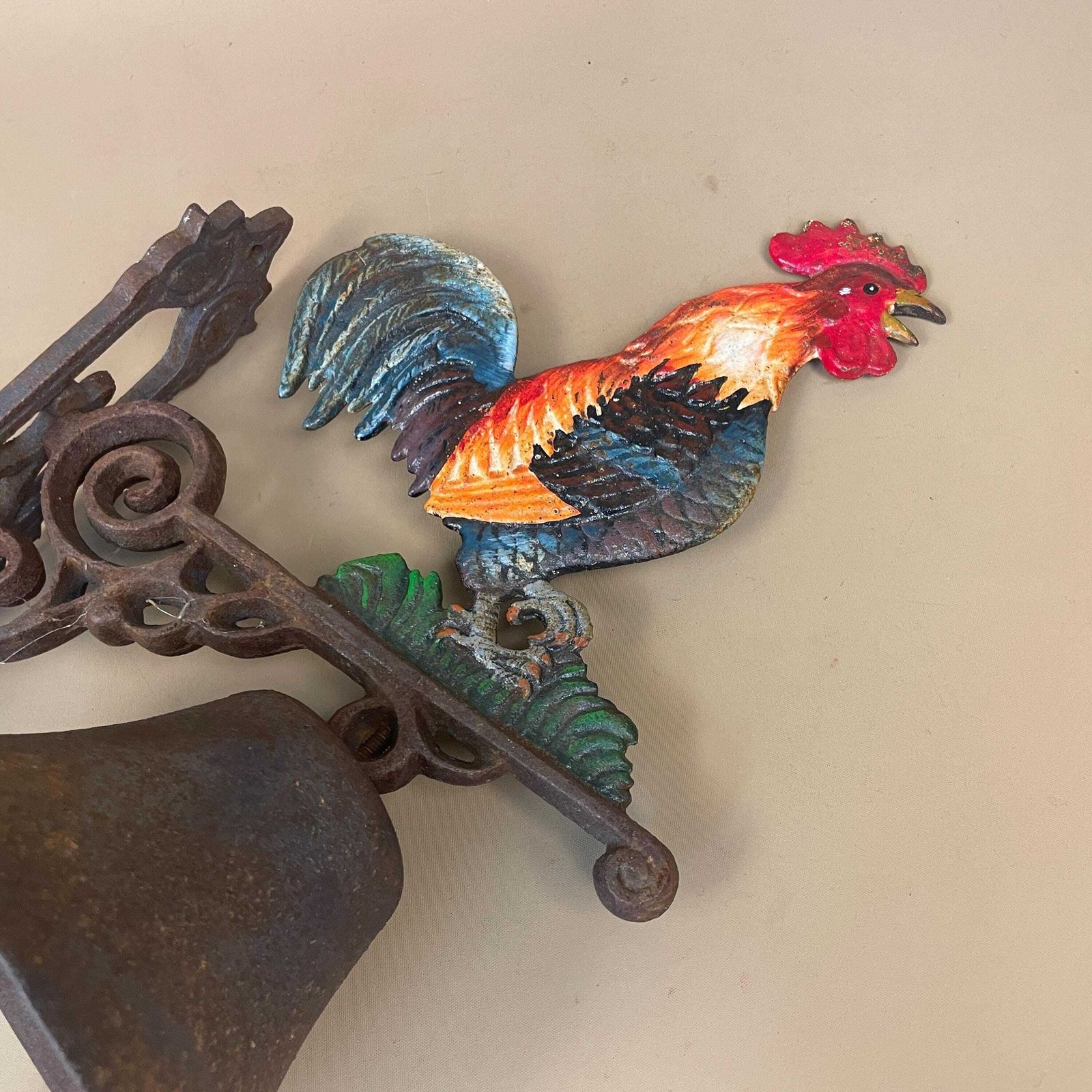 Antique Wall Mounted Metal Rooster Bell Ringer Vintage Bracket Door Cast Iron Wrought Hanging Cockerel Cottage Outdoor Aged Leather photo for sale