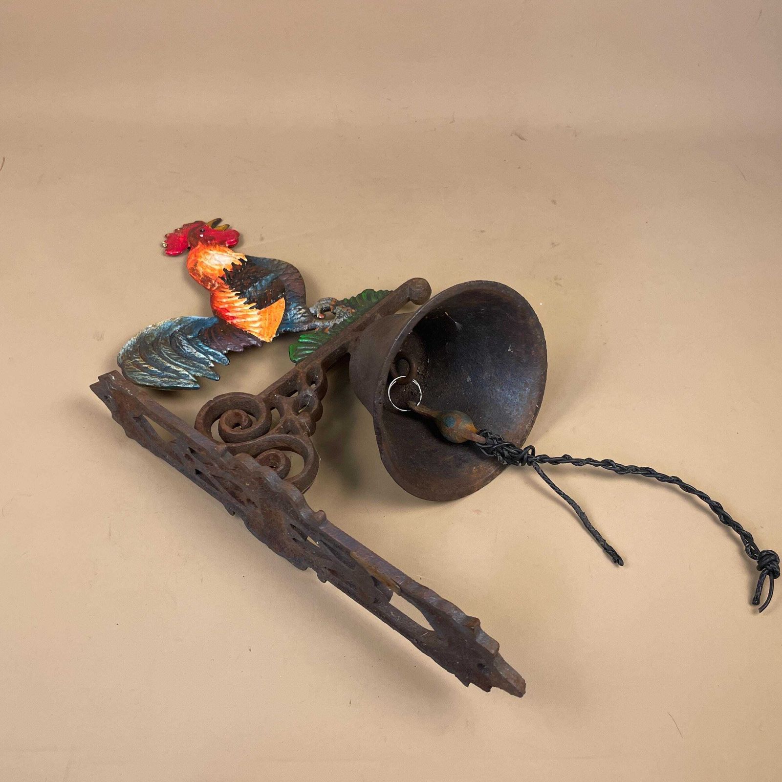Antique Wall Mounted Metal Rooster Bell Ringer Vintage Bracket Door Cast Iron Wrought Hanging Cockerel Cottage Outdoor Aged Leather photo 85.0