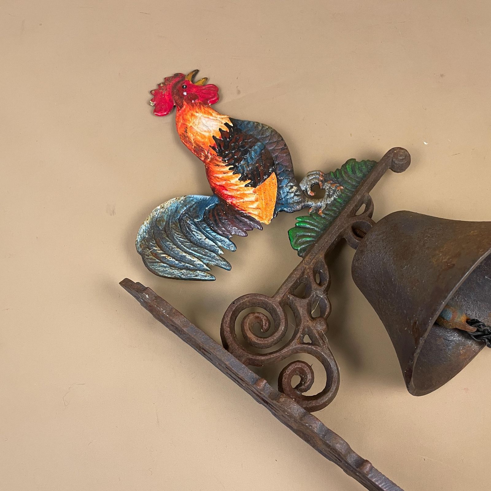 Antique Wall Mounted Metal Rooster Bell Ringer Vintage Bracket Door Cast Iron Wrought Hanging Cockerel Cottage Outdoor Aged Leather photo buy