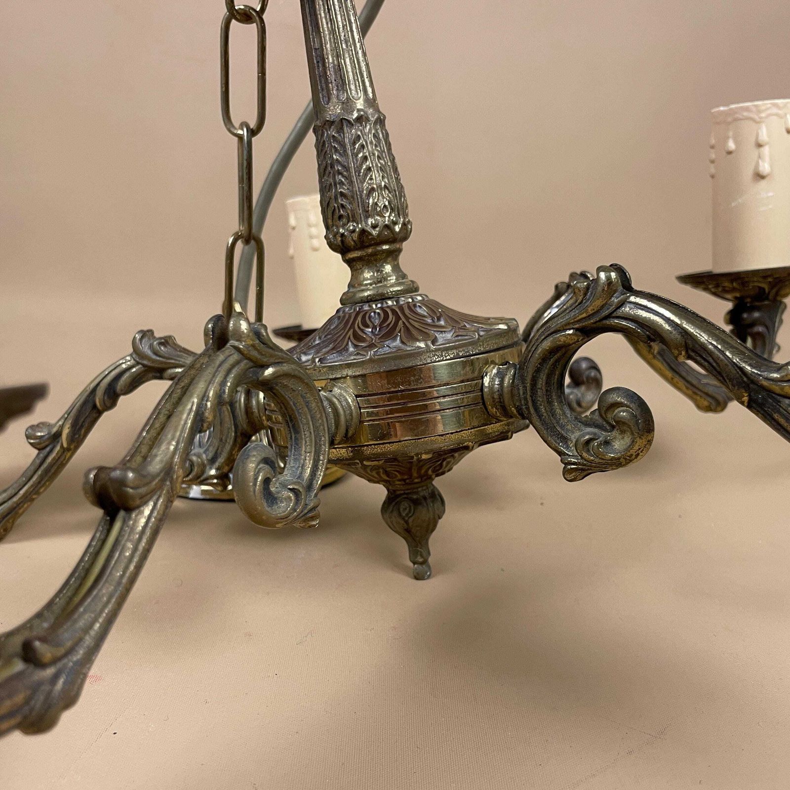 photo for sale Antique Ceiling Light Gold Brass Metal Chandelier Vintage Classic Pendent Ornate Hanging Chain 5 Arms Candle Tops Patterned Hanging