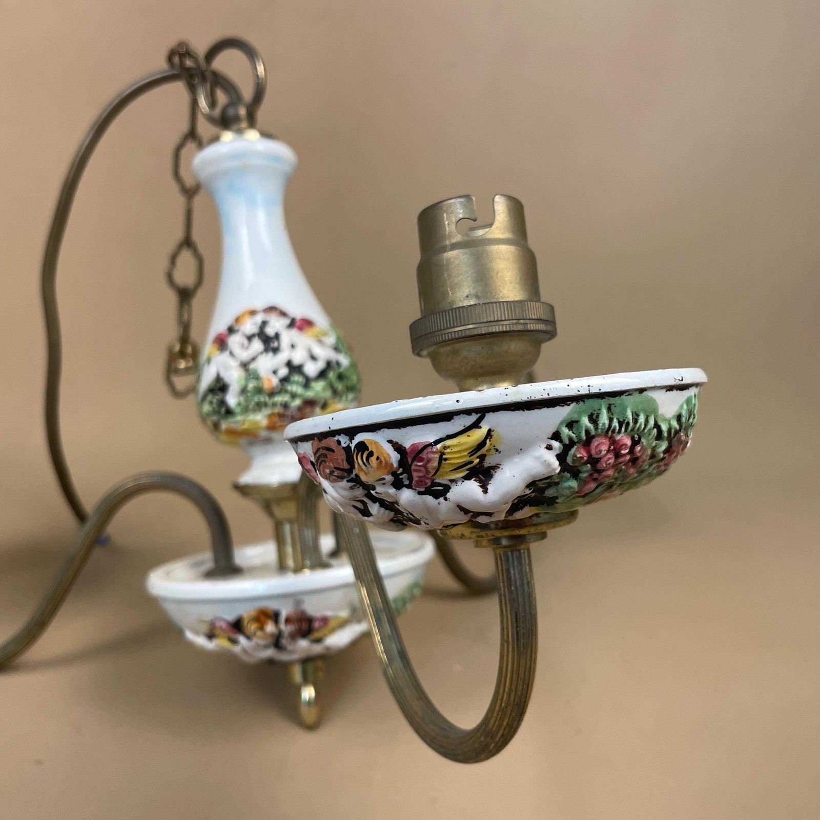 Antique Ceiling Capodimonte Italy Light Gold Brass Metal Chandelier Vintage Classic Pendent Hanging Chain 3 Arms Cherub Patterned Hanging photo for sale