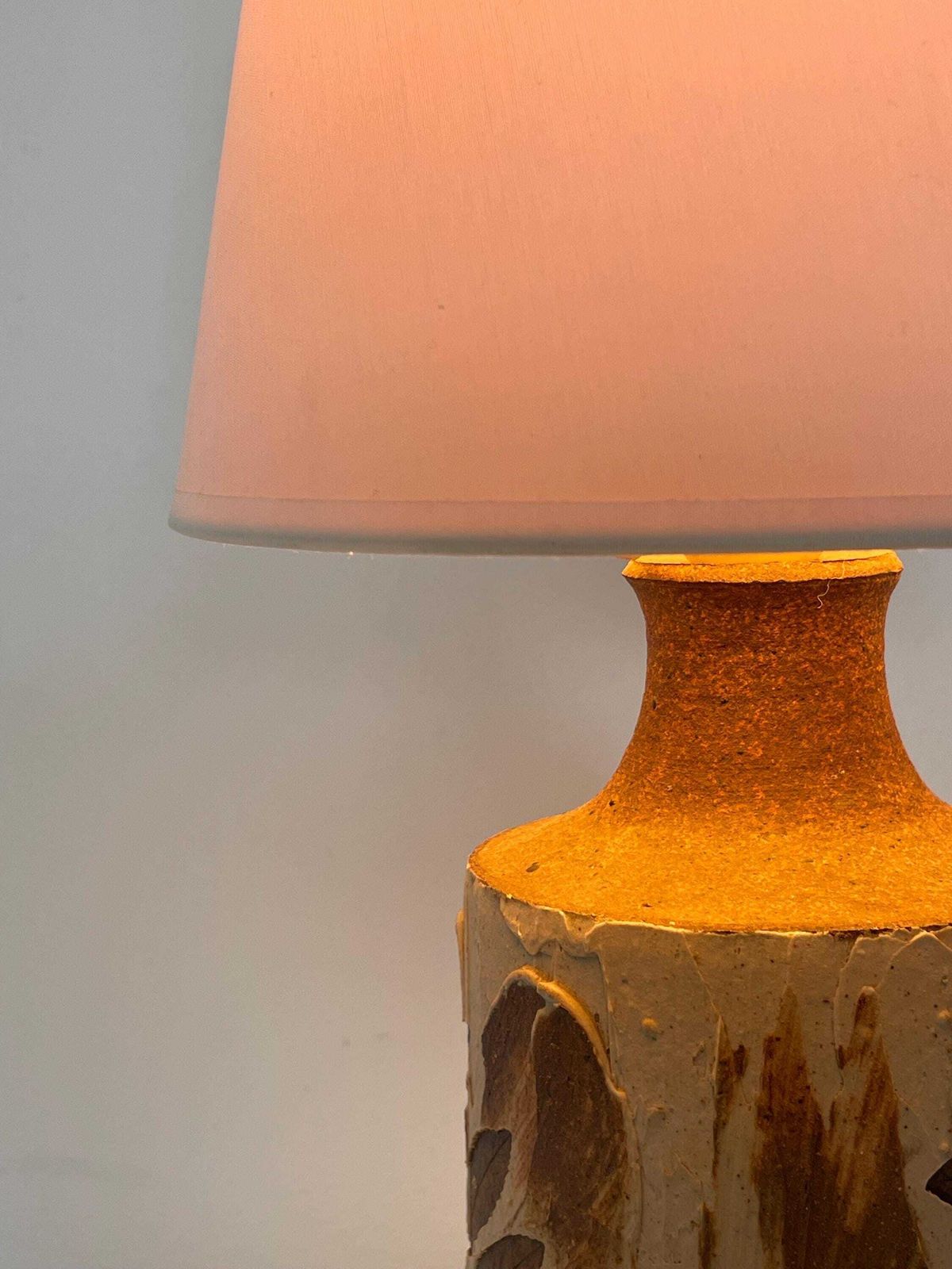 Ceramic Mid Century Table Lamp From Denmark With Plant Pattern And Earthy Colors With A White Fabric Shade photo vinterior