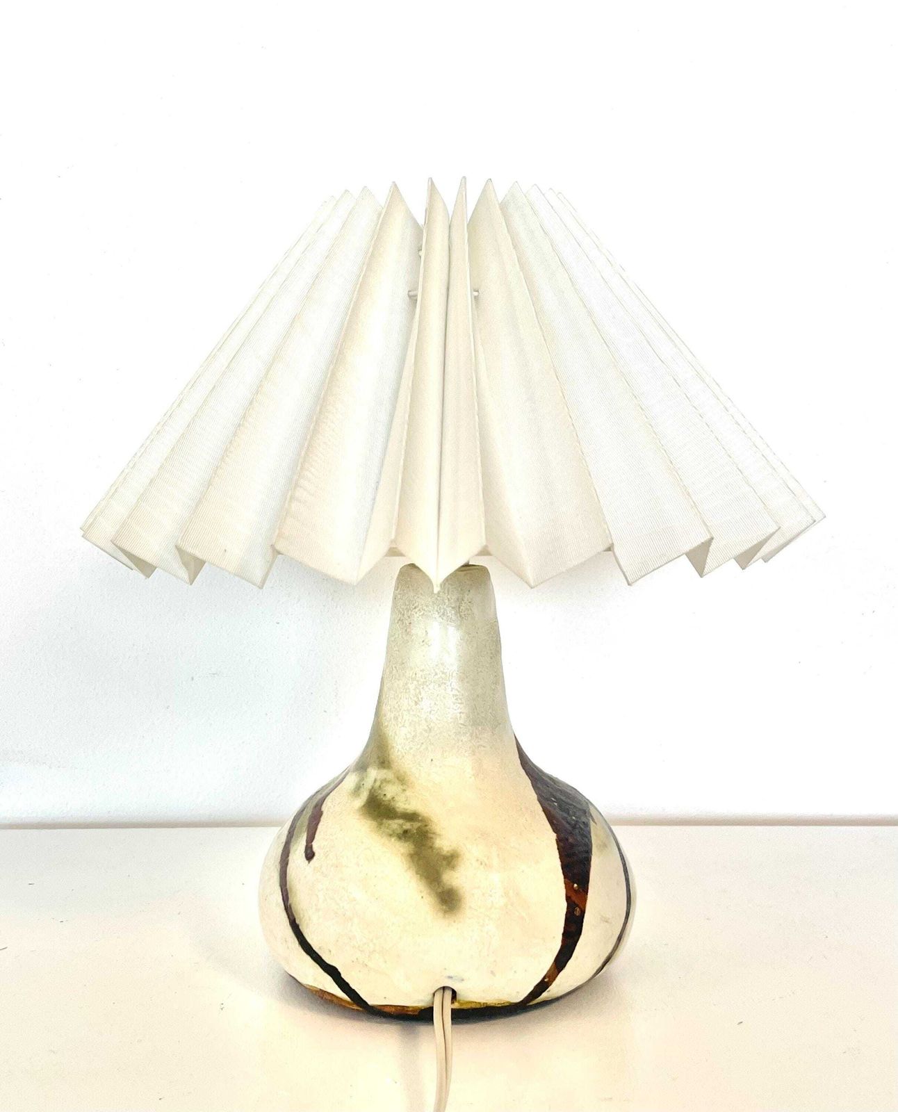 Vintage Ceramic Danish Mid Century Design Chunky Table Lamp In Organic Shape With Gorgeous Earth Toned Glaze And Purple Drum Shade photo Lighting