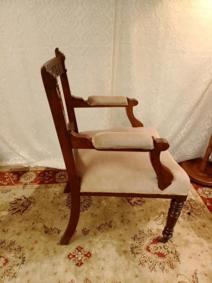 Antique Pair Of Arm Chairs With Wood Carving And Exquisite Upholstery photo 450.0
