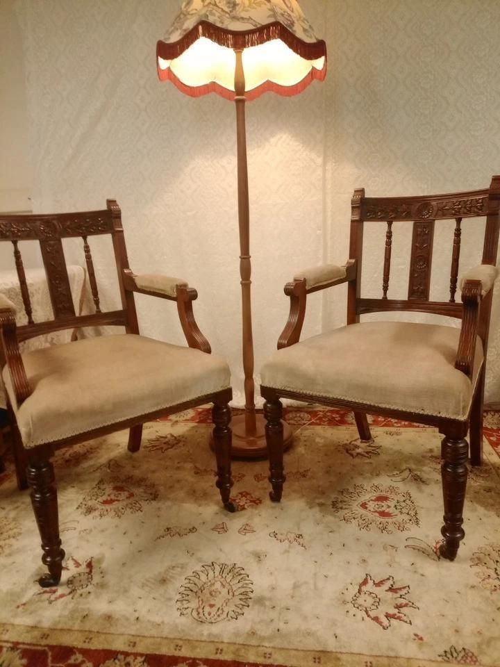 Antique Pair Of Arm Chairs With Wood Carving And Exquisite Upholstery photo buy