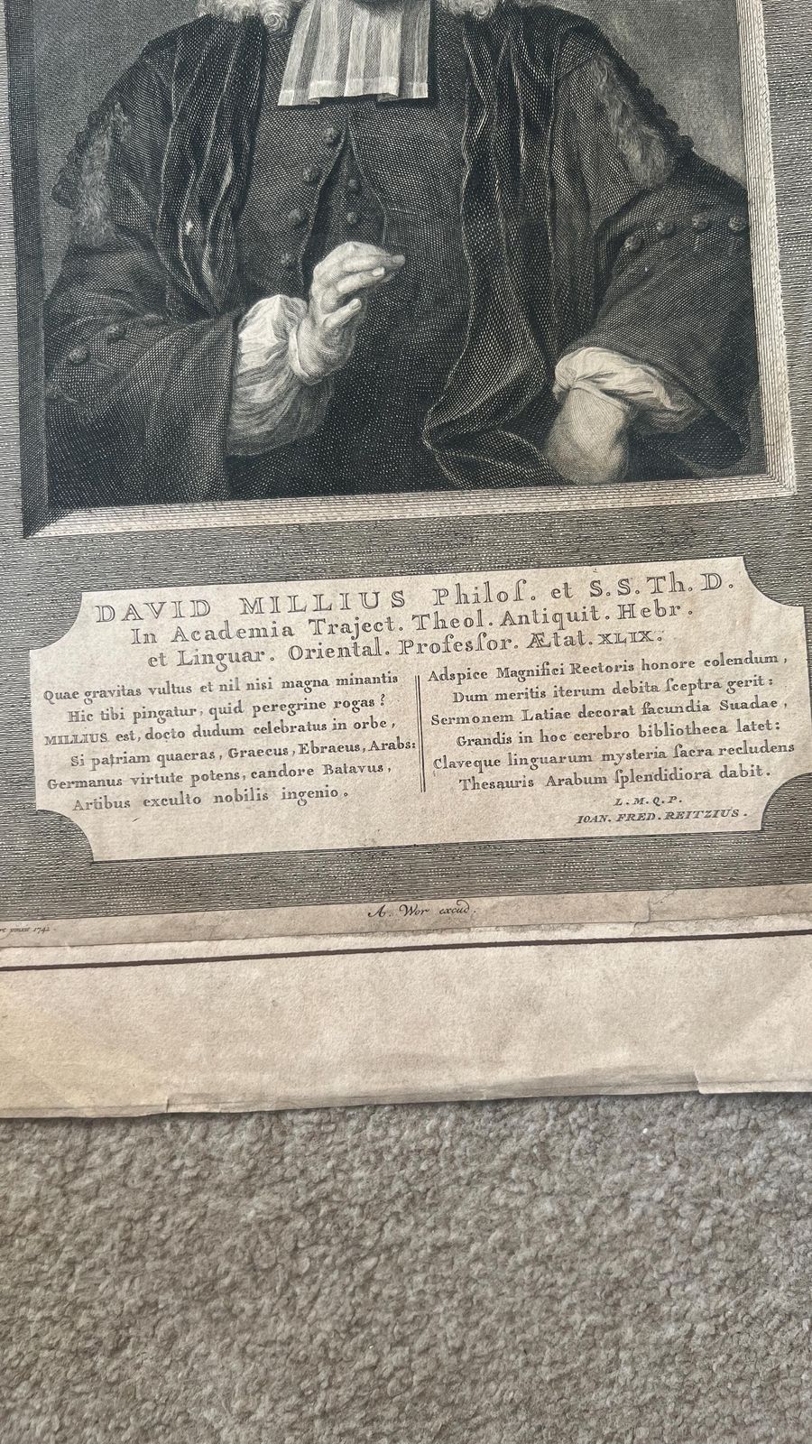 1742 Portrait Etching Of David Millius By J. Houbraken After Jan Maurits Quinkhard photo buy