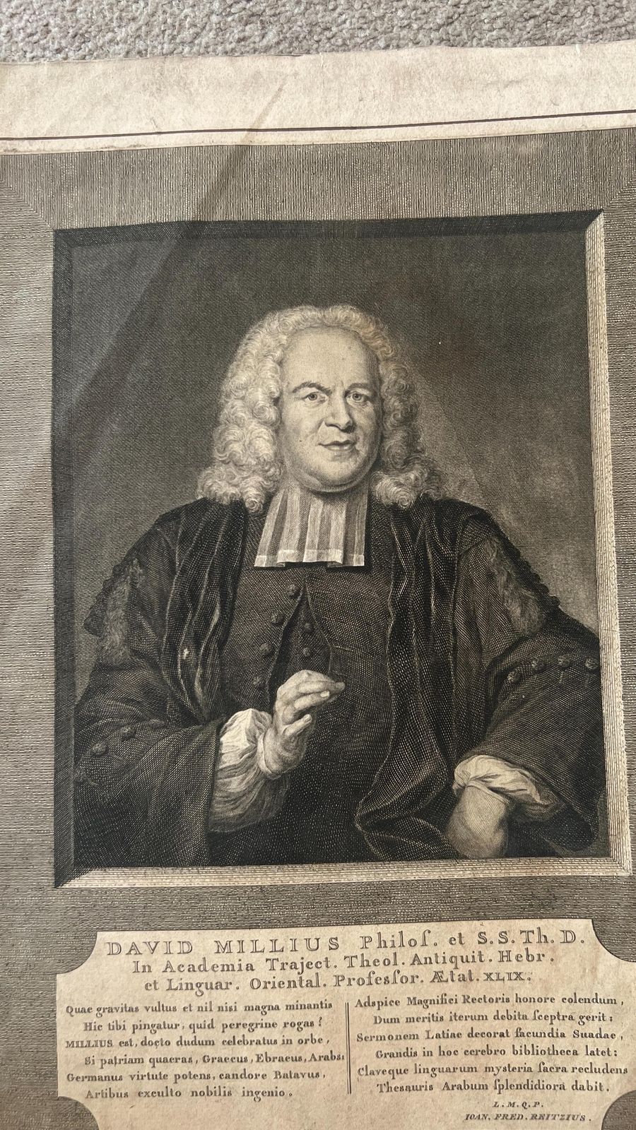 1742 Portrait Etching Of David Millius By J. Houbraken After Jan Maurits Quinkhard photo vintage