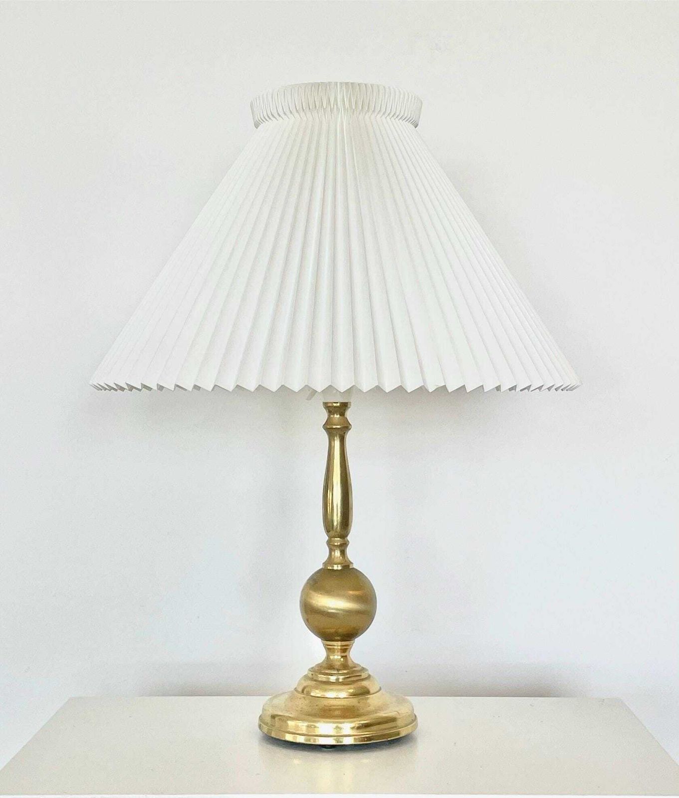 Vintage Danish Mid Century Large Brass Design Table Lamp In Organic Shapes With Original Le Klint White Pleated Shade photo Lighting