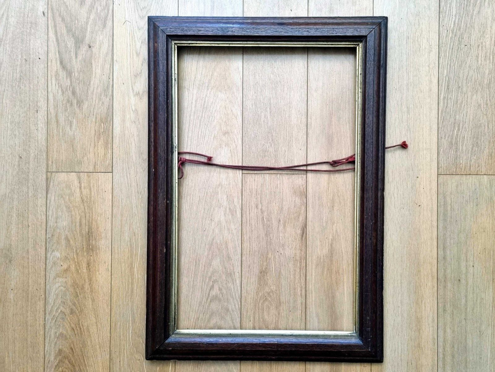Large English Antique Oak Wood Painting Frame With Gilt Insert, Original Fixture Hardware