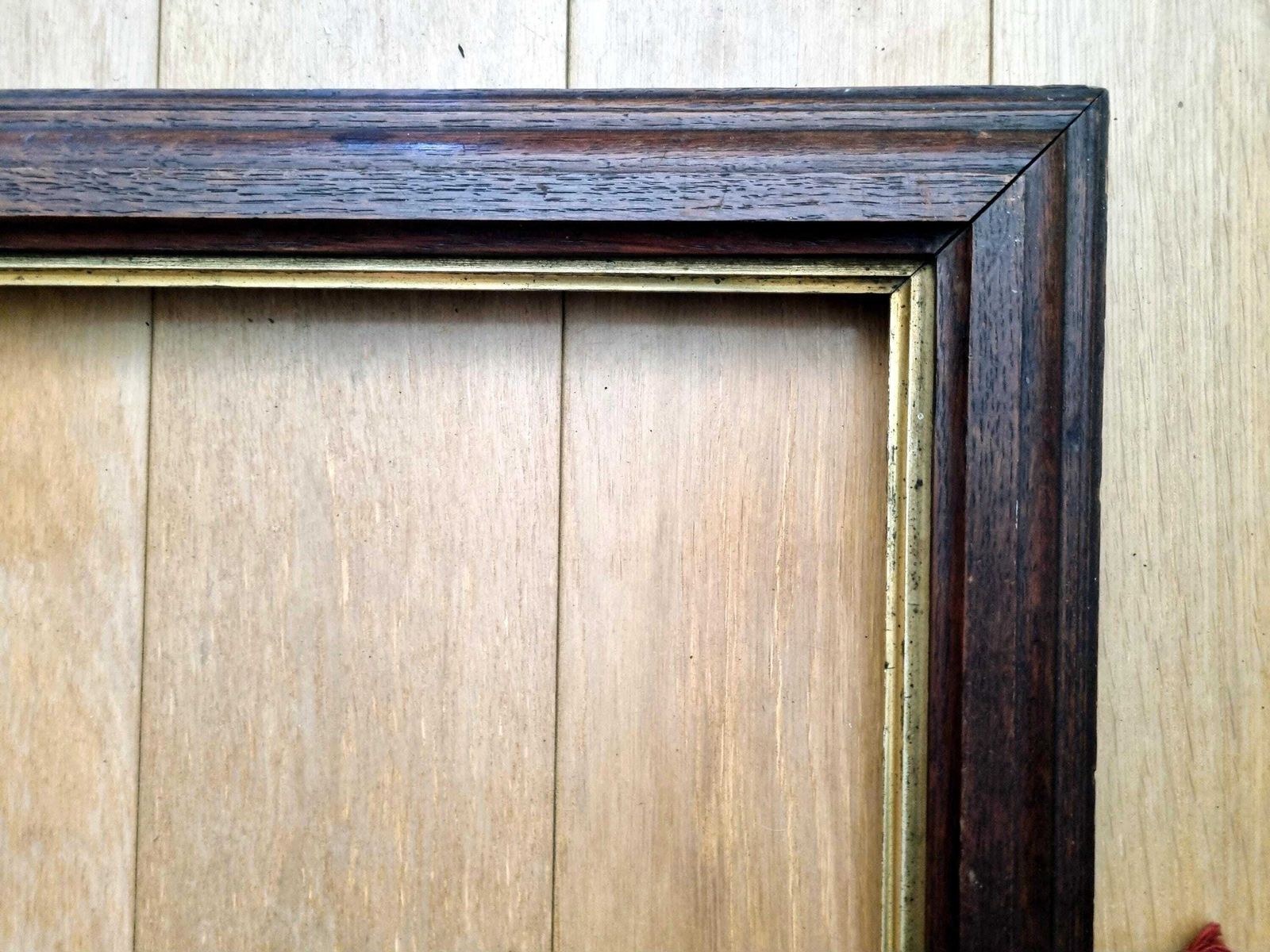 Large English Antique Oak Wood Painting Frame With Gilt Insert, Original Fixture Hardware photo Home Decor