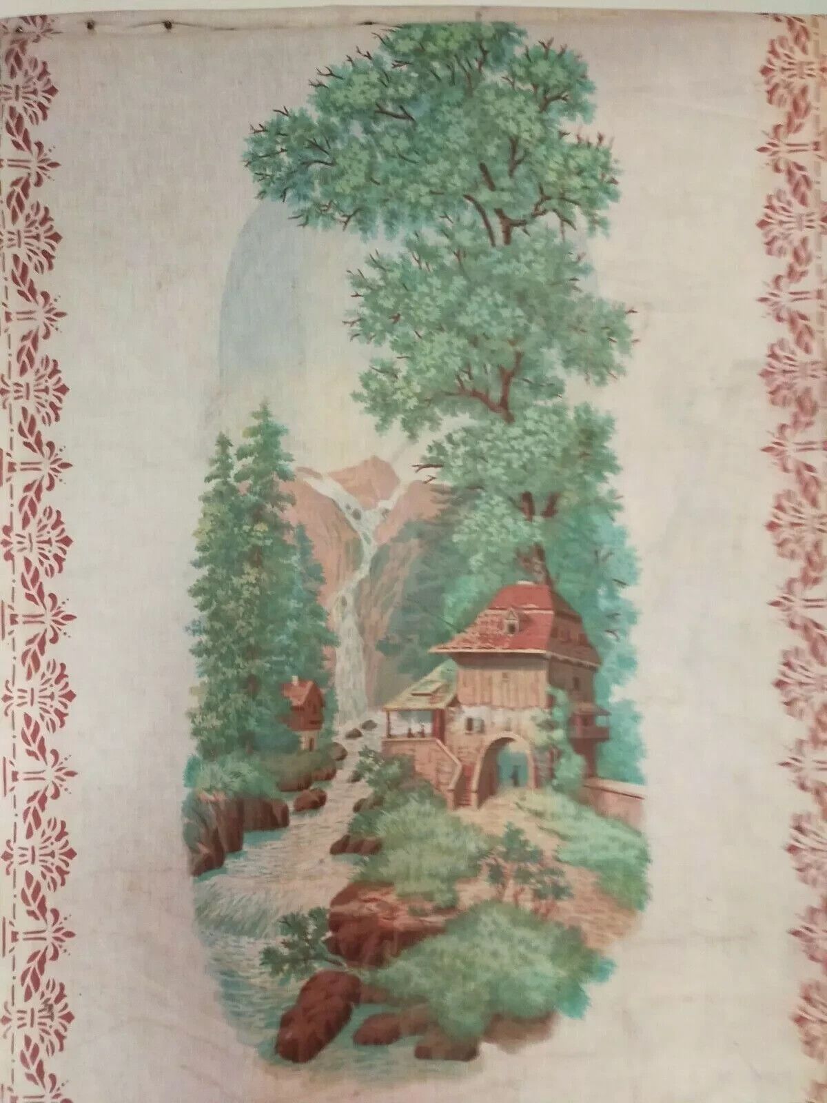 19th Century Theatre Grass Juice Painting River Landscape Large Drape