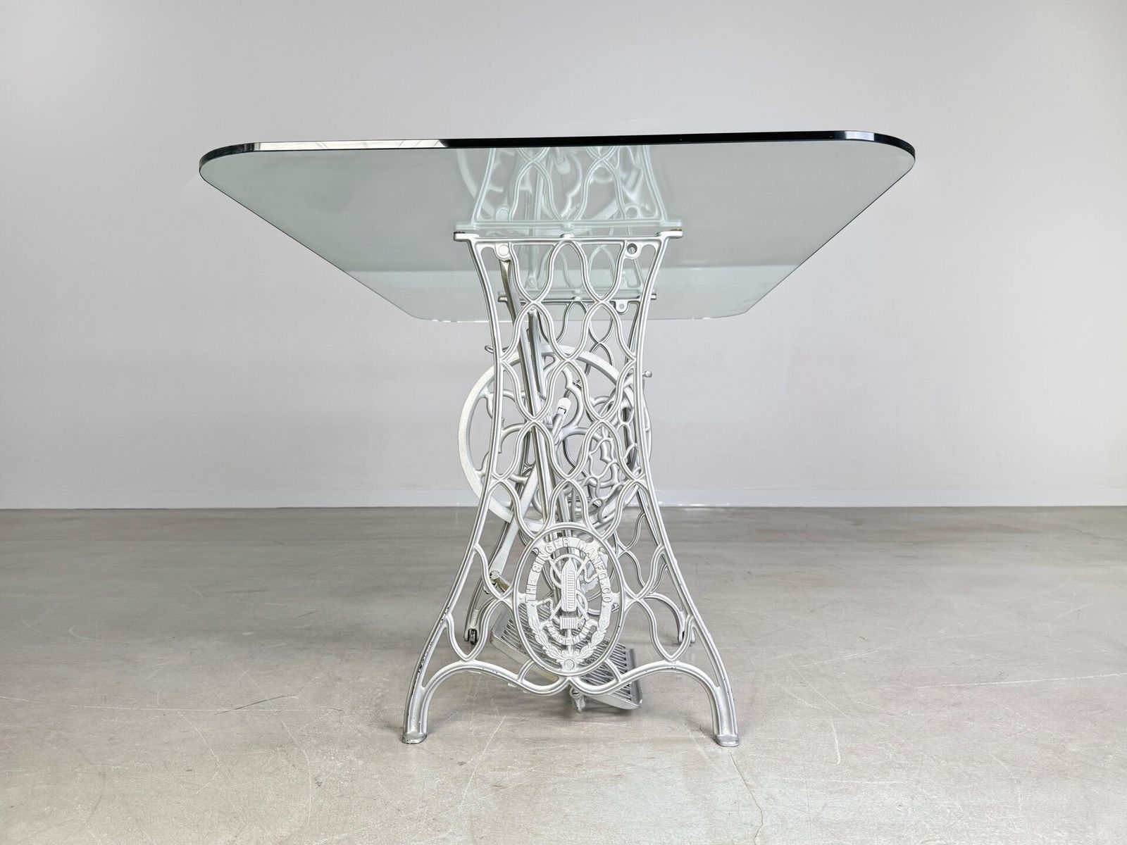 Midcentury Dining Table Glass Table Singer Sewing Machines Cast Iron Unique Piece photo furniture