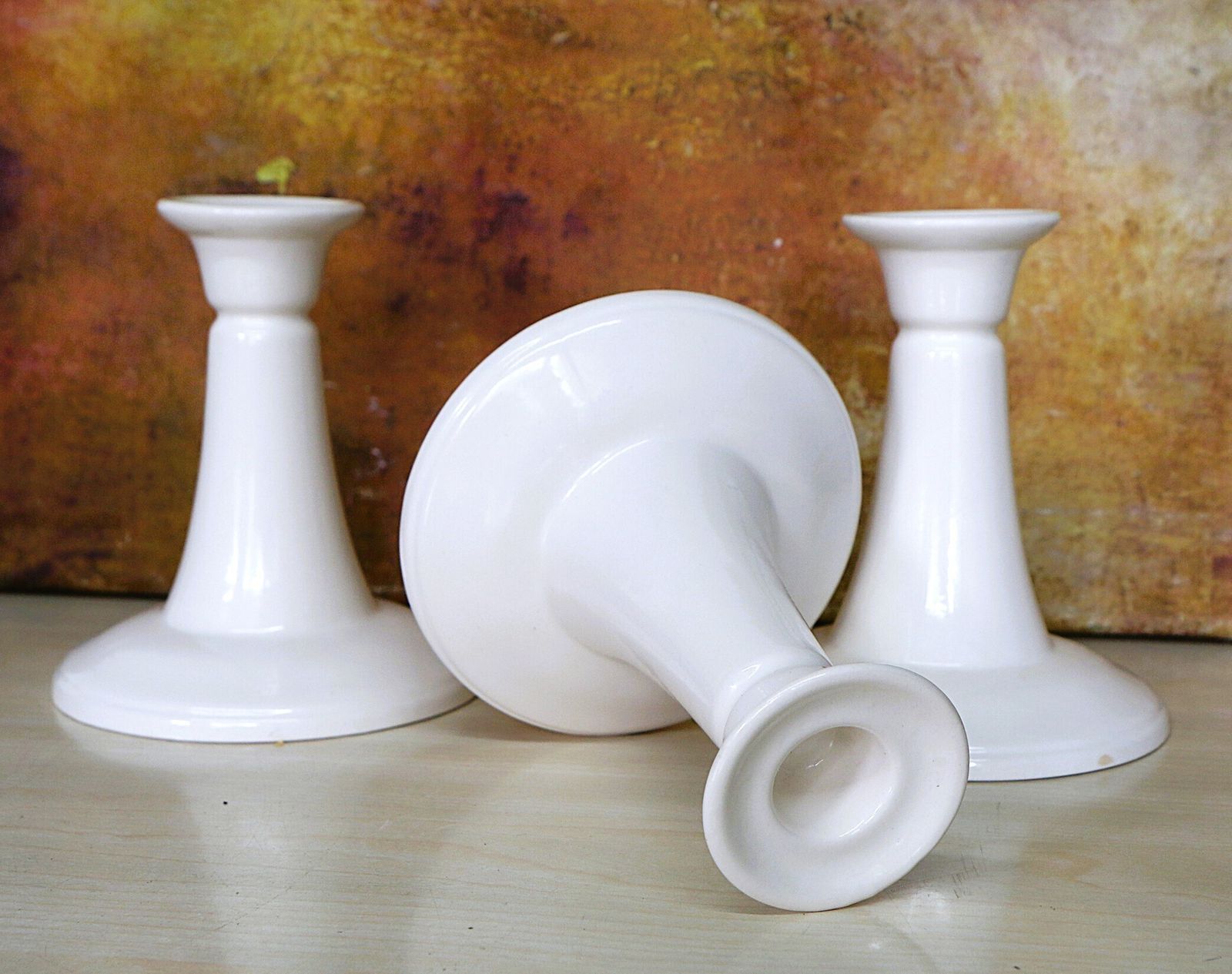 A Trio Of Mid 20th Century Ceramic Candlesticks Simple Clean Lines Mcm Free Post