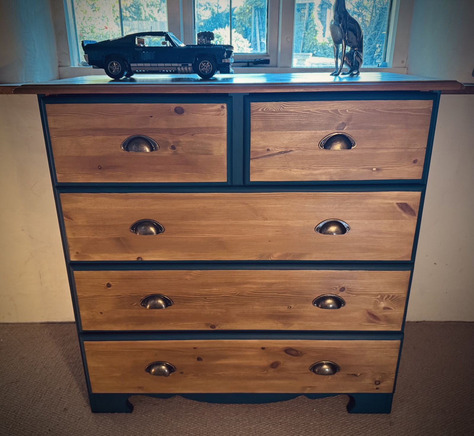 Beautiful Restored Blue Chest Of Drawers With Wood Accents. photo buy
