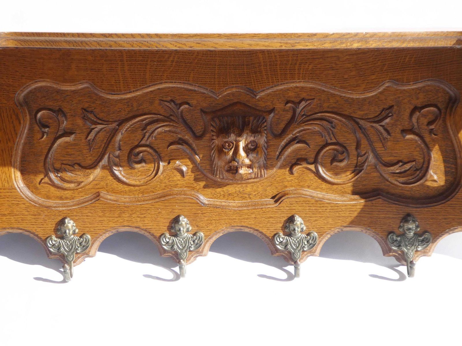 Antique Carved Wood Wall Shelf With Brass Angel Hooks, Oak Coat Rack With Lions Head, French Rustic Decor photo Furniture