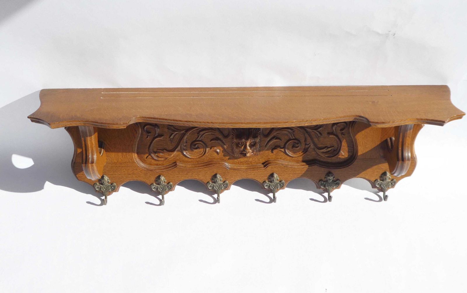 Antique Carved Wood Wall Shelf With Brass Angel Hooks, Oak Coat Rack With Lions Head, French Rustic Decor photo 217.0