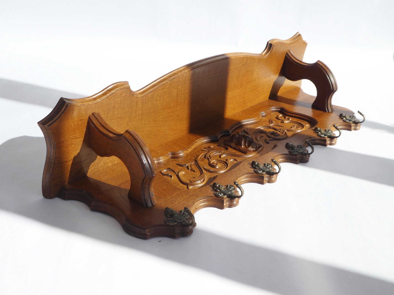 Antique Carved Wood Wall Shelf With Brass Angel Hooks, Oak Coat Rack With Lions Head, French Rustic Decor photo vinterior