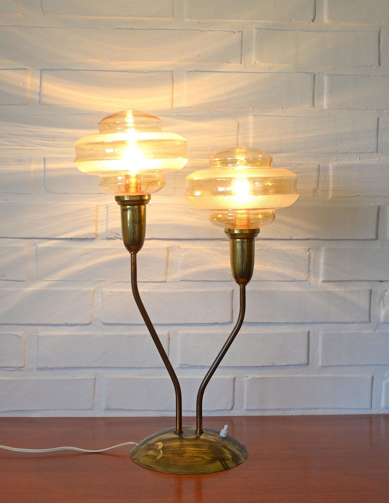Elegant Vintage Floor Lamp / Brass Desk Light Fixture / Art Deco Style Table Lamp / Mushroom Lamp / Amber Glass Shade Lighting photo for sale
