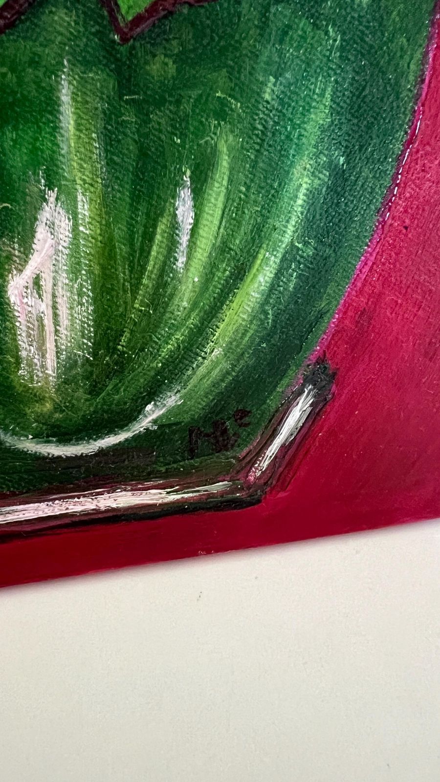 Contemporary Signed Floral Red Background Oil Painting On Unique Hexagonal Canvas photo 95.0