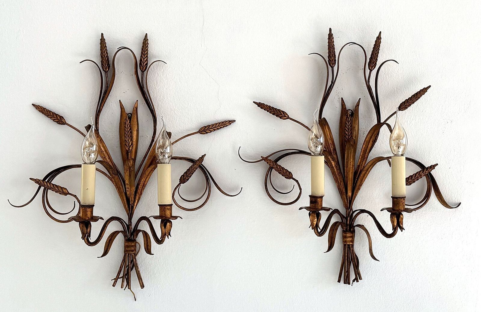 Pair Sheaf Of Wheat Sconces Hollywood Regency Gilt Metal By Hans Kögl, Italy 1960 photo furniture
