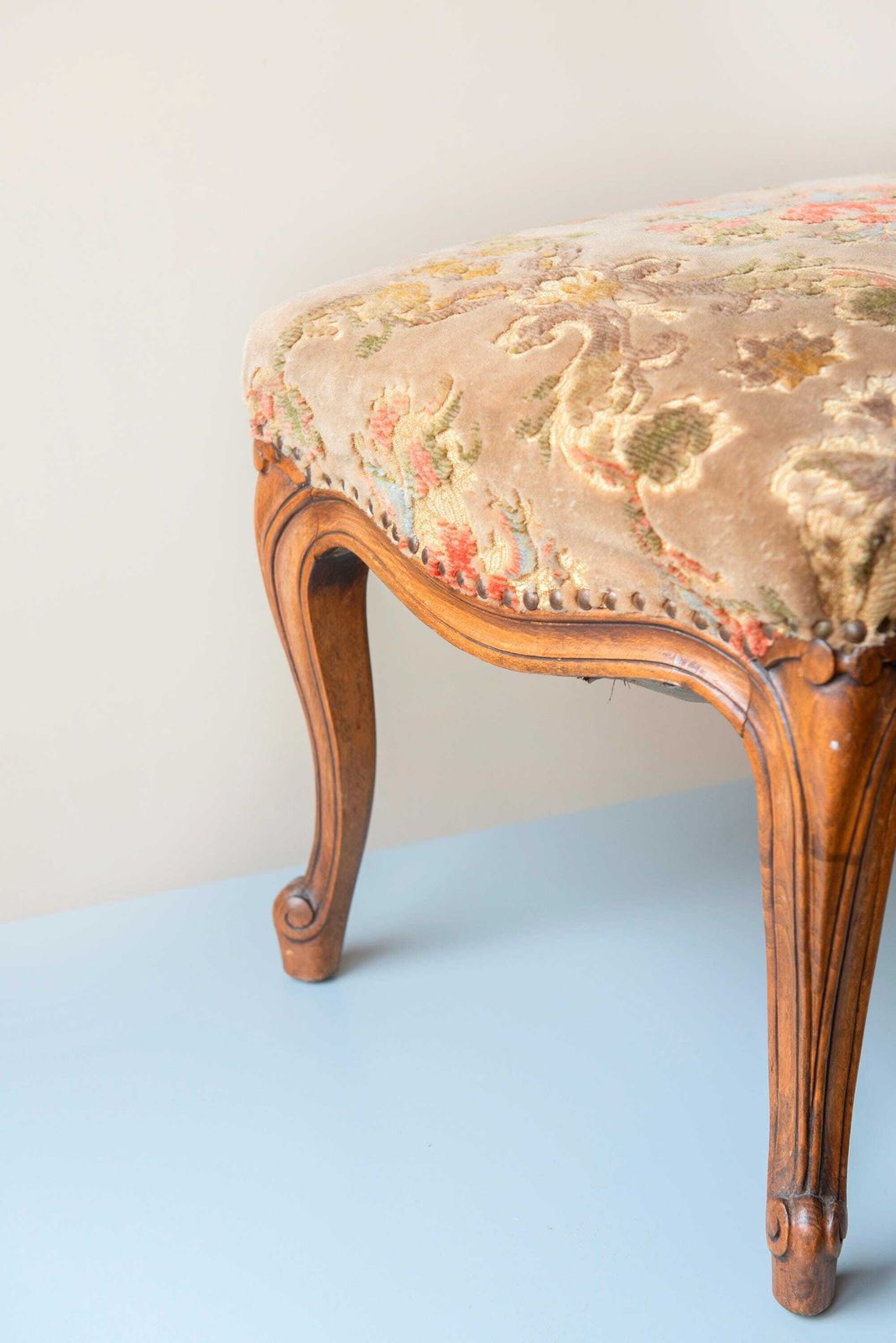 Antique Wooden Stool With Velvet Seat, French Footstool, Renaissance Style, Rustic Bench, Bend Legs, Hand Carved Tabouret photo buy
