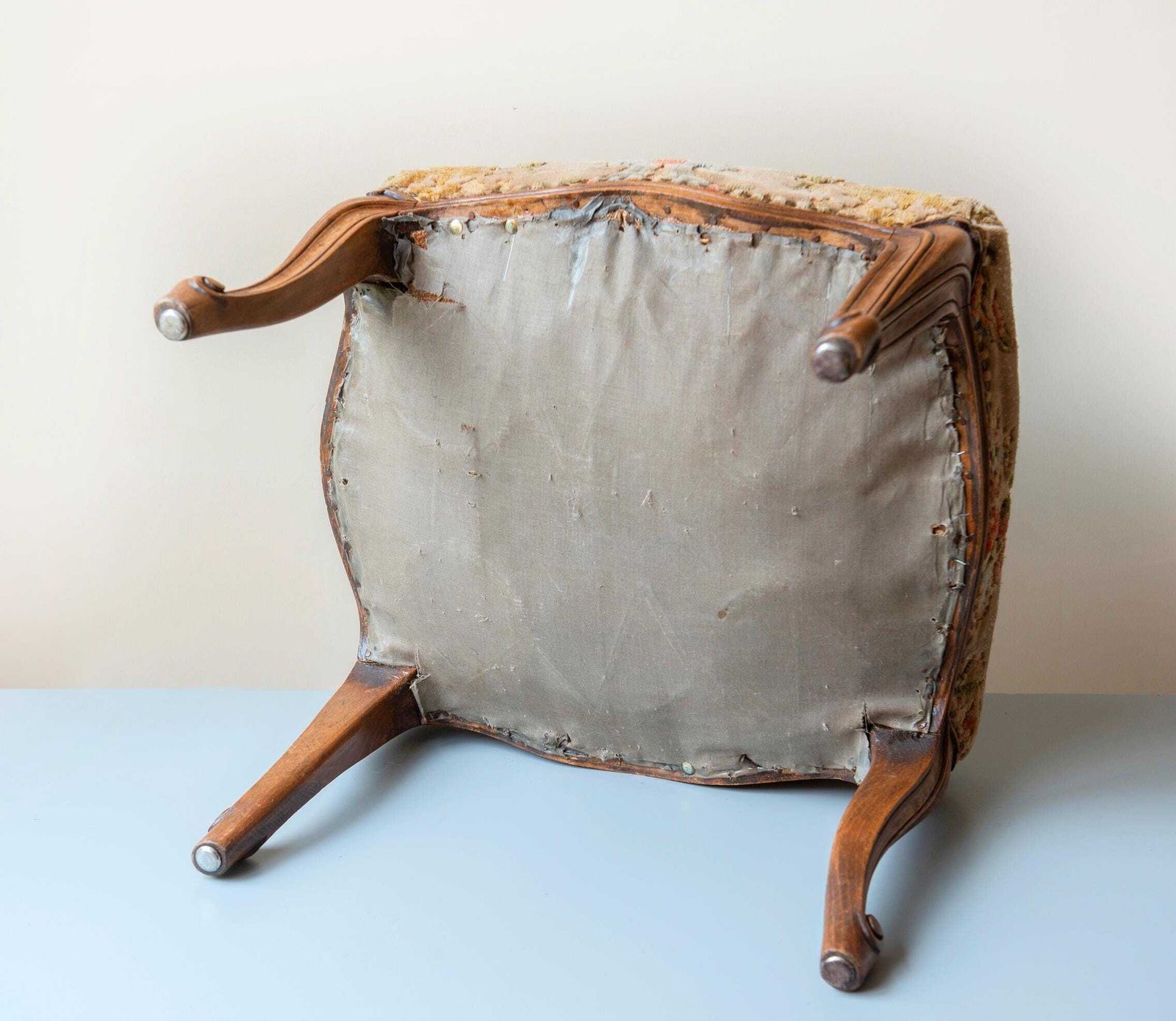 photo for sale Antique Wooden Stool With Velvet Seat, French Footstool, Renaissance Style, Rustic Bench, Bend Legs, Hand Carved Tabouret