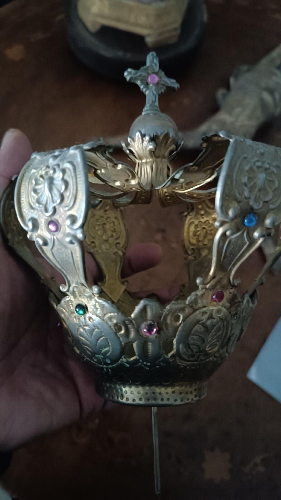 Large Gilded Brass Crown For Statues With Stones, 11th Century photo vintage