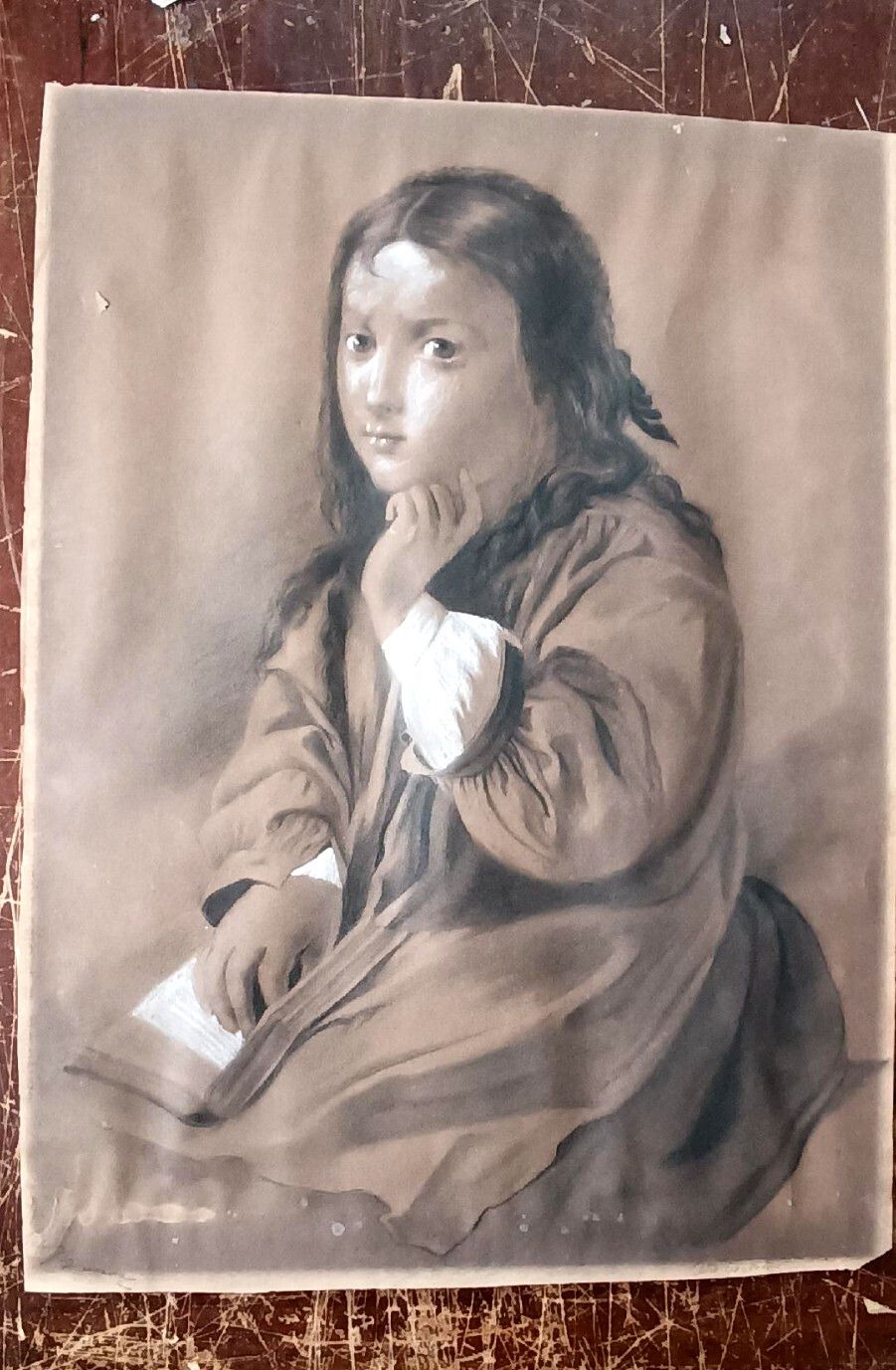 photo for sale Female Portrait Charcoal Design White Pencil Signed Bag Late 800