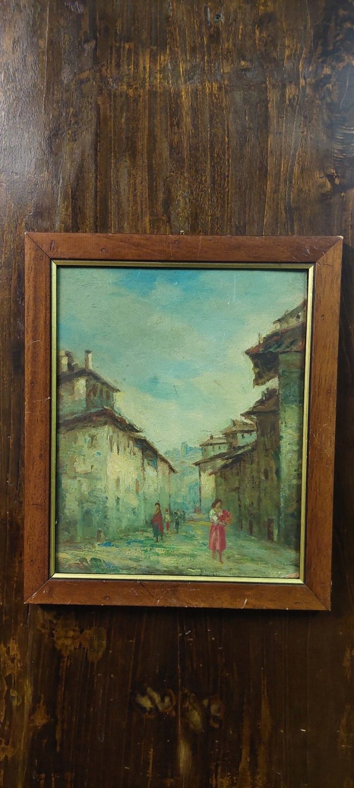 Antique Oil Painting On Faesites Early 900s Country Glimpse With Characters photo furniture