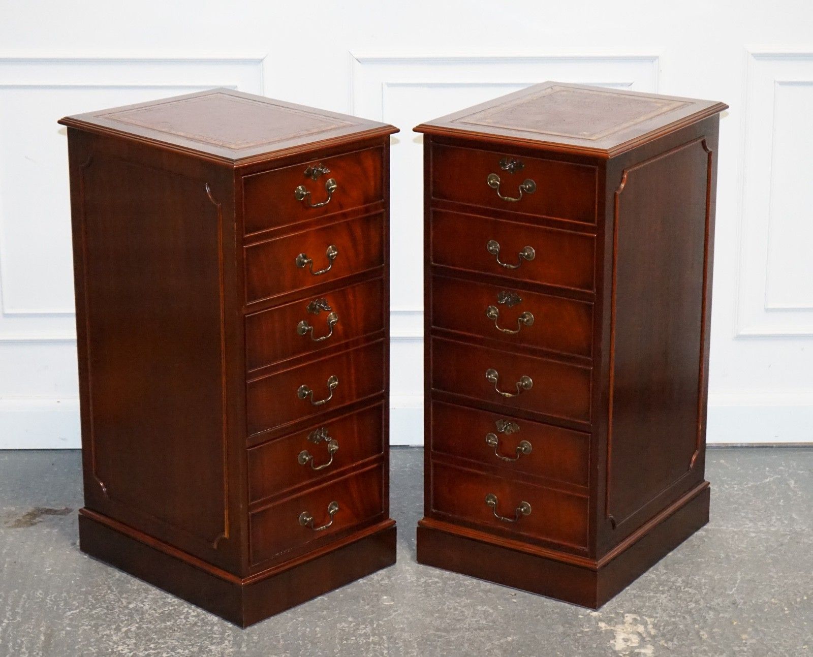 Pair Of Filling Cabinets Burgundy Leather Gold Embossed Top 3 Spacious Drawers photo furniture