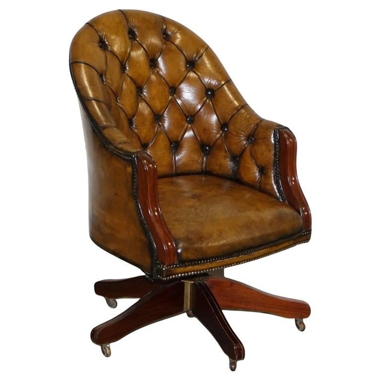 Antique Deep Buttoned Chesterfield Georgian Style Hand Dyed Leather Desk Chair