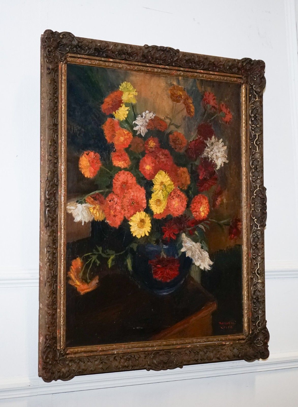 Still Life Painting Floral Bouquet Gilted Frame Signed Russel White 1953 photo for sale
