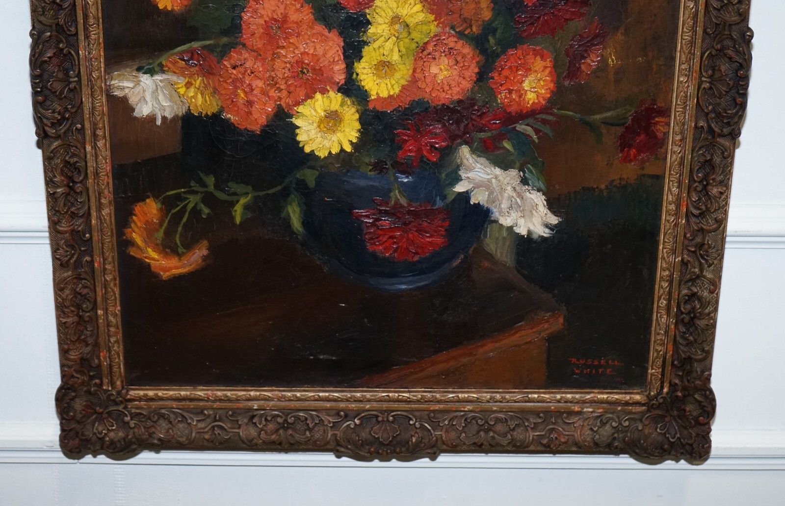 photo furniture Still Life Painting Floral Bouquet Gilted Frame Signed Russel White 1953