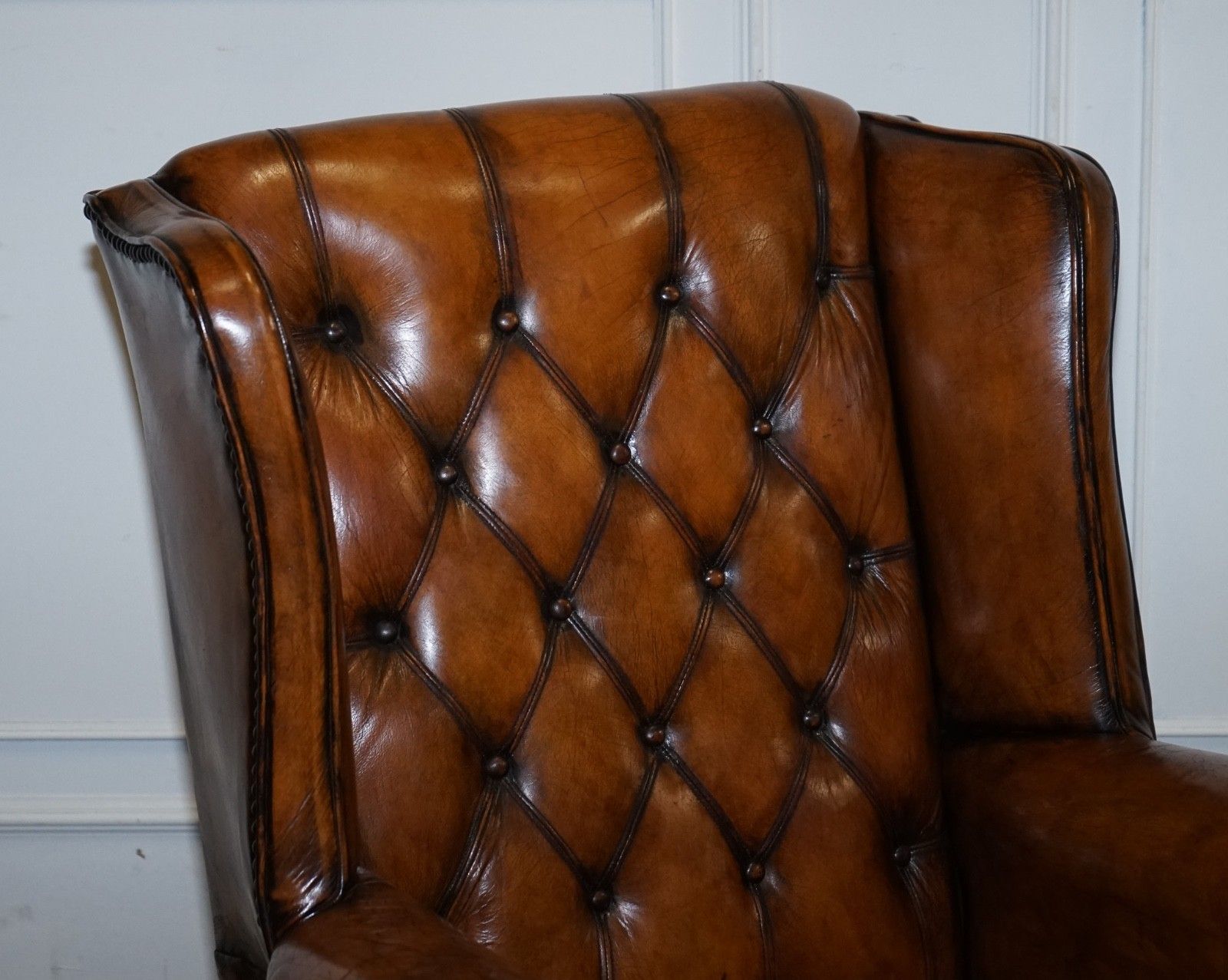 Stunning 1960's Hand Dyed Brown Leather Chesterfield Wingback Armchairs photo vinterior