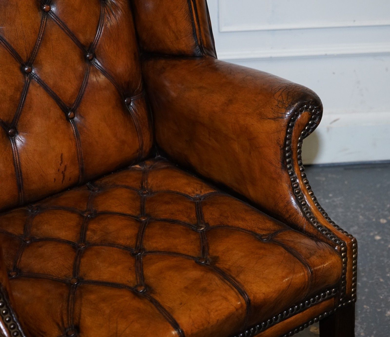 Stunning 1960's Hand Dyed Brown Leather Chesterfield Wingback Armchairs photo buy