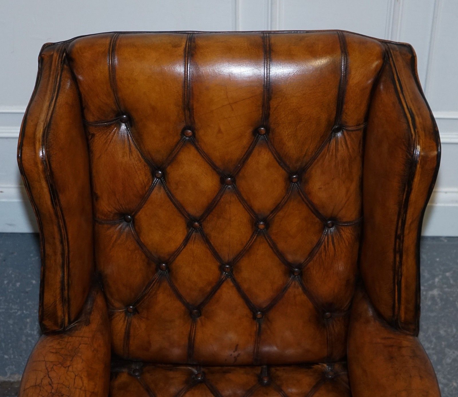 Furniture Stunning 1960's Hand Dyed Brown Leather Chesterfield Wingback Armchairs photo