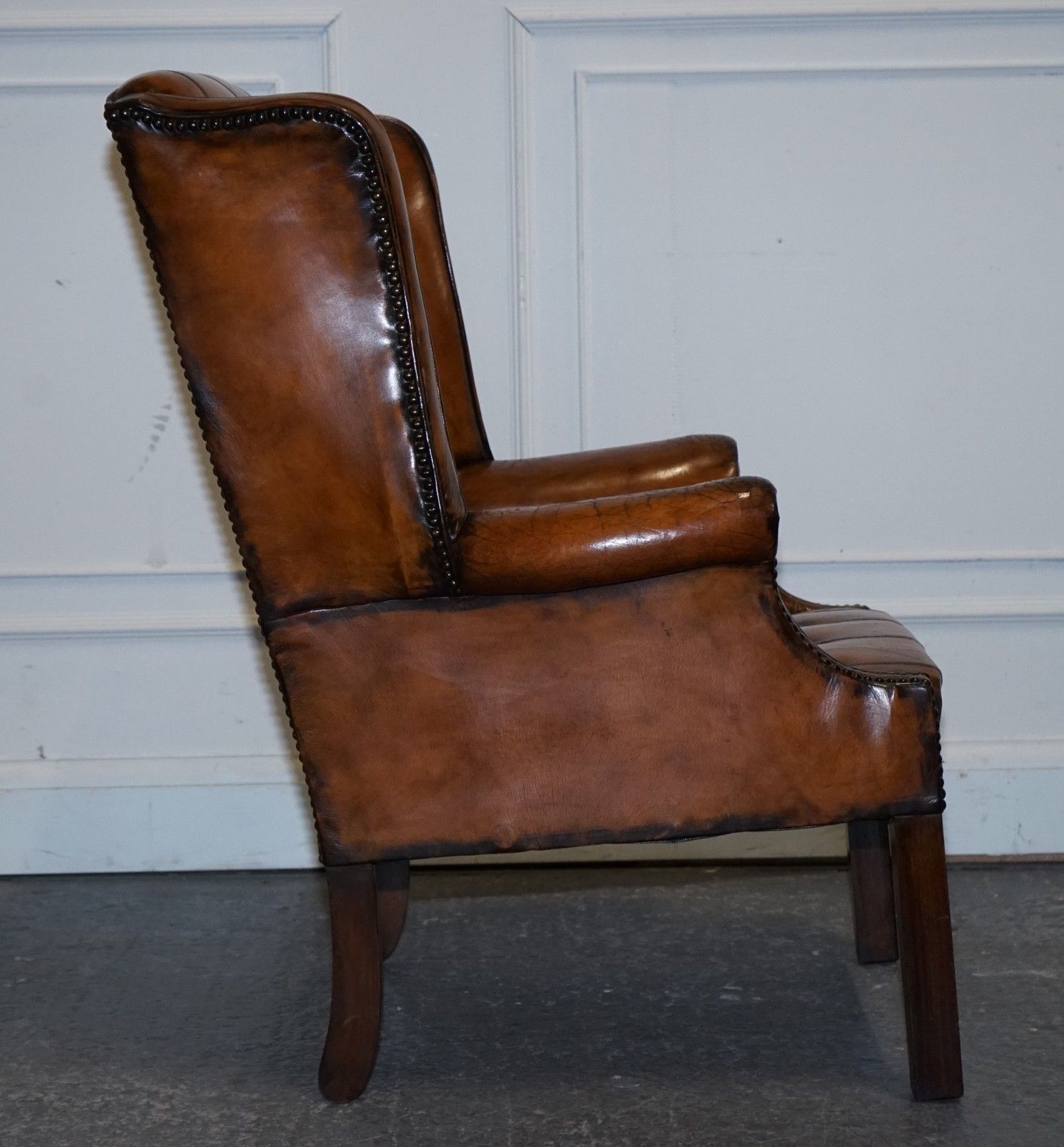 4500.0 Stunning 1960's Hand Dyed Brown Leather Chesterfield Wingback Armchairs photo