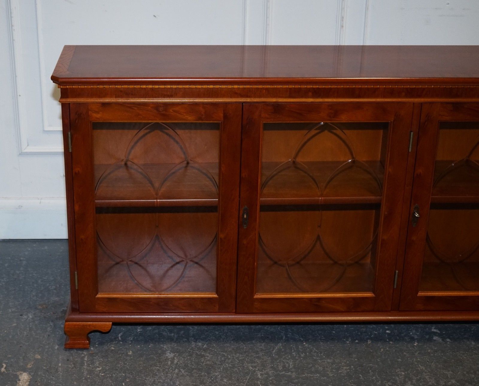 Vintage Yew Wood Glazed Bookcase Sideboard Triple Door Display Cabinet photo Furniture