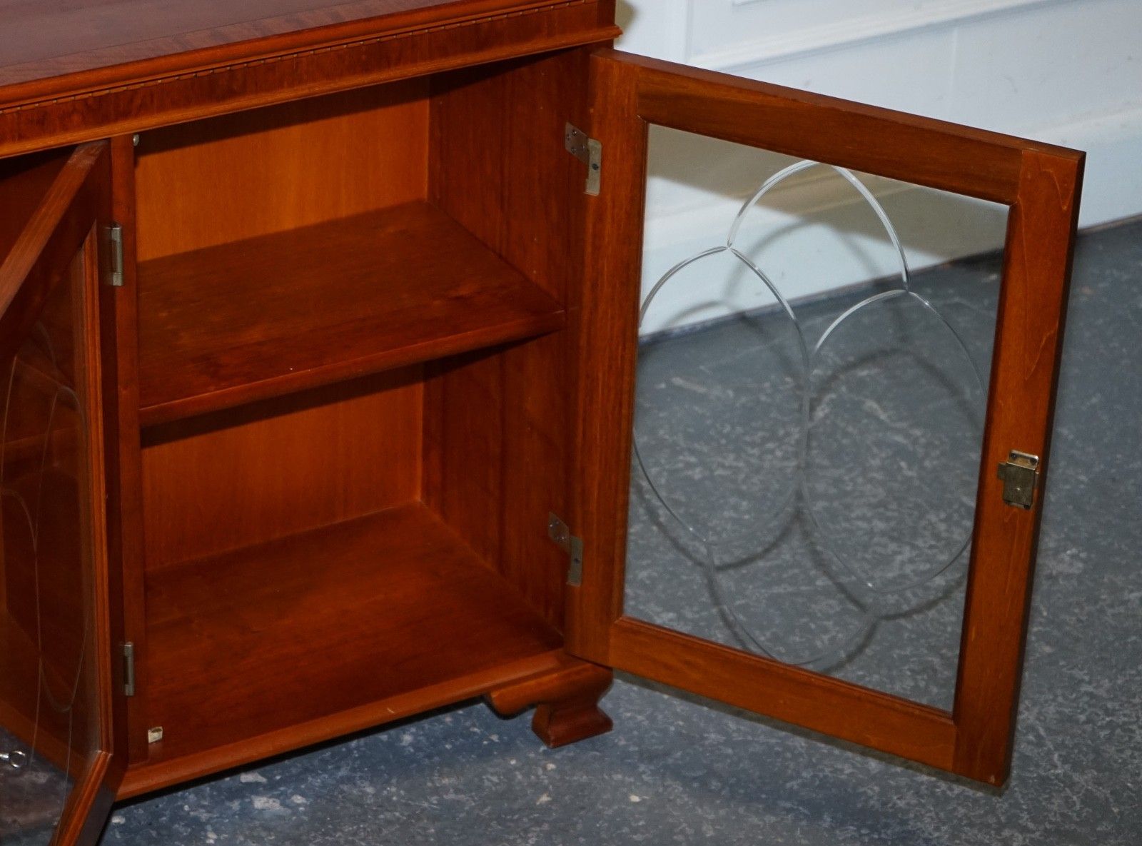 Furniture Vintage Yew Wood Glazed Bookcase Sideboard Triple Door Display Cabinet photo