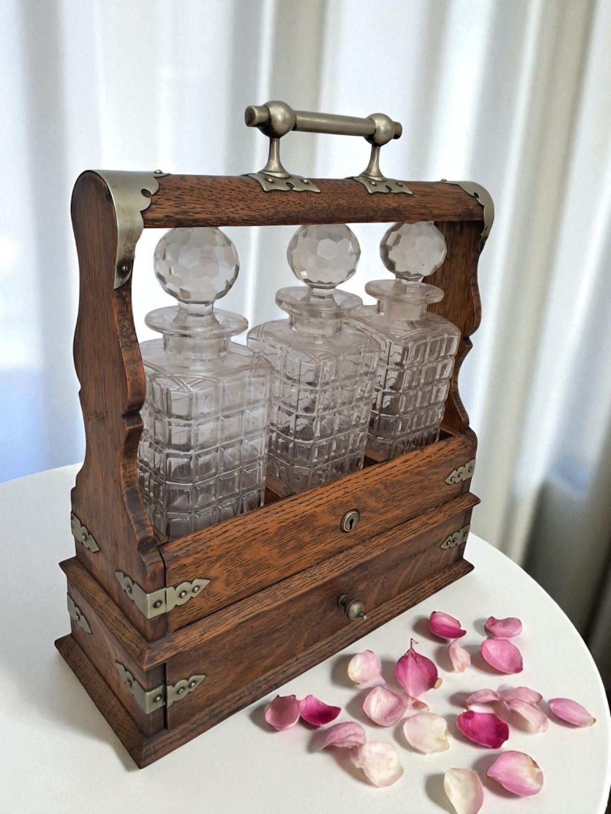 Antique Locking Tantalus + Three Decanters Oak & Brass Victorian Decanter Caddy photo buy